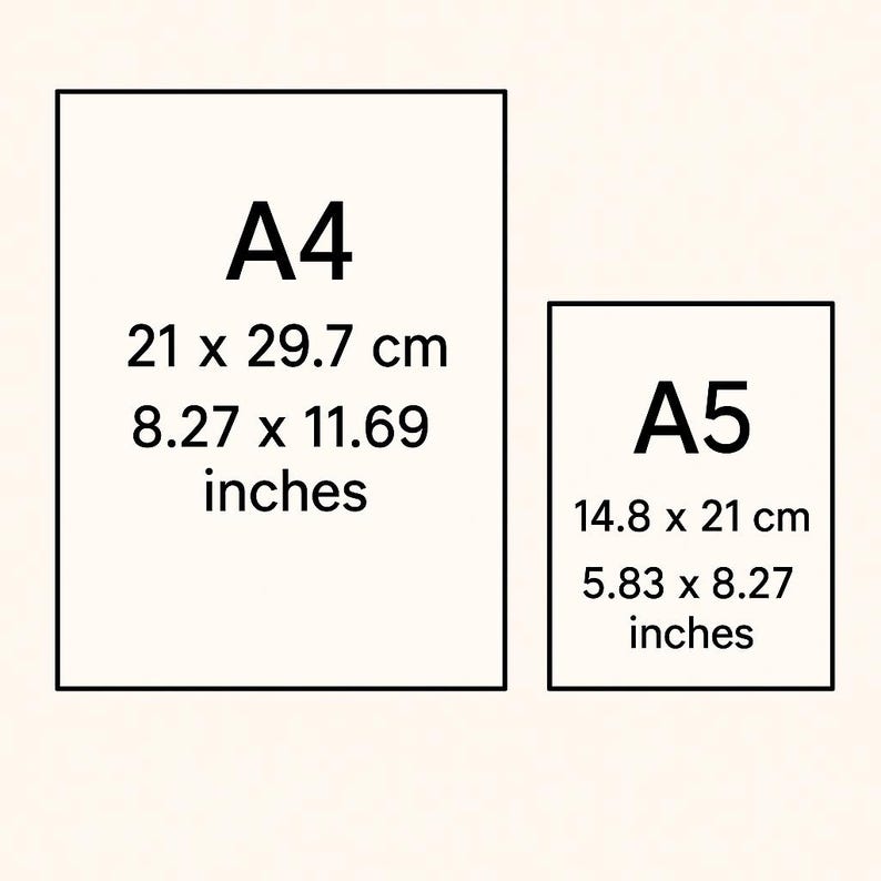 May include: Two rectangular paper sizes, A4 and A5, are displayed. The A4 paper measures 8.27 x 11.69 inches, and the A5 paper measures 5.83 x 8.27 inches. Both sizes also show the measurements in centimeters.