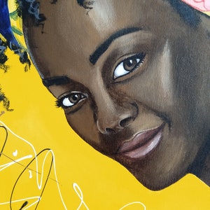 Close-up highlighting expressive facial details, textured brushstrokes, and colorful floral headscarf.