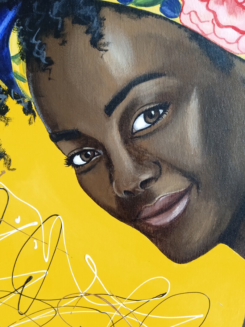 Close-up highlighting expressive facial details, textured brushstrokes, and colorful floral headscarf.