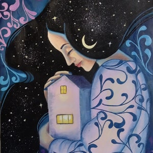 Fantasy oil painting on canvas, Goddess of the night original wall decor, Surreal Wall Art, Symbolic Emotional Artwork, Housewarming gift