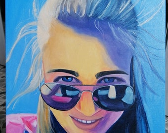 Vibrant Woman Portrait with sunglasses original acrylic painting, Colorful Acrylic art on Canvas, hand painted art