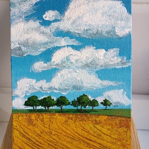 Champs et nuages Mini toile Peinture acrylique originale, peinture nature estivale, peinture paysage, peinture pour étagère, décoration de bureau, cadeau