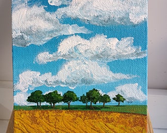 Mini-Leinwand Original Acrylgemälde von Feld und Wolken, Sommer-Naturgemälde, Landschaftsgemälde, Gemälde für Regal, Schreibtischdekoration, Geschenk