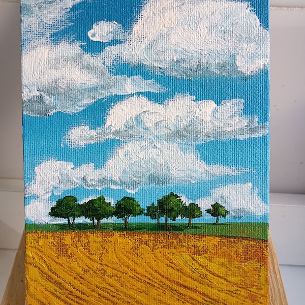Mini canvas Origineel acrylschilderij van veld en wolken, zomernatuurschilderij, landschapsschilderij, schilderij voor plank, bureaudecor, cadeau