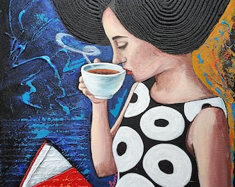 Original acrylic painting of woman titled "Evening tea moments", Woman portrait, figurative painting, original wall decor, ready to hung