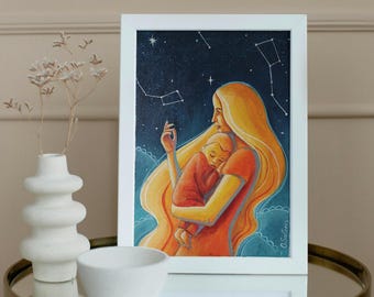 Divine Feminine Art Print, Goddess of Motherhood Energy Wall Art Poster, Spiritual Woman Illustration
