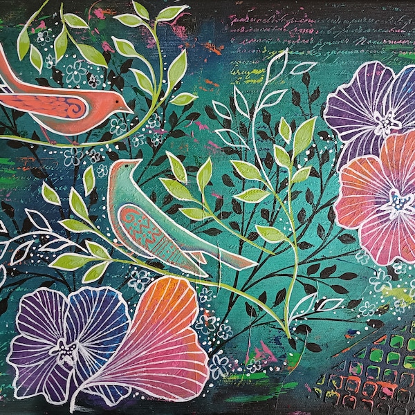 Original acrylic painting titled "Marvellous garden", spring garden painting, fantasy painting on canvas, birds painting, flowers painting