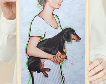 Dachshund Art Print in Beige Colors, Sausage Dog Minimalist Wall Decor, Dog Lovers Art Gift