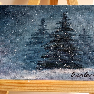 Paysage de scène d'hiver Mini toile Peinture acrylique originale, peinture de nuit de chute de neige, peinture de forêt de neige, peinture de Noël, cadeau