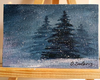Snowy Winter original acrylic painting on Mini canvas, snowfall night art, Christmas illustration