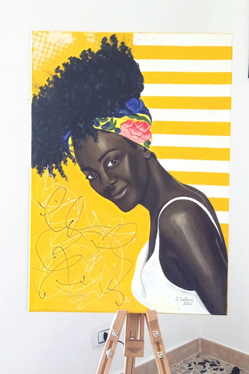 Original Acrylic Portrait of Black Woman, Contemporary Figurative Painting, Yellow Wall Art, Modern Feminine Canvas, Statement Artwork image 6