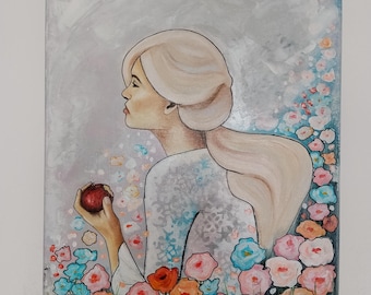 Dipinto originale raffigurante una donna sognante e femminile con mela e fiori, realizzato con colori acrilici su tela. Decorazione in tenui colori pastello.