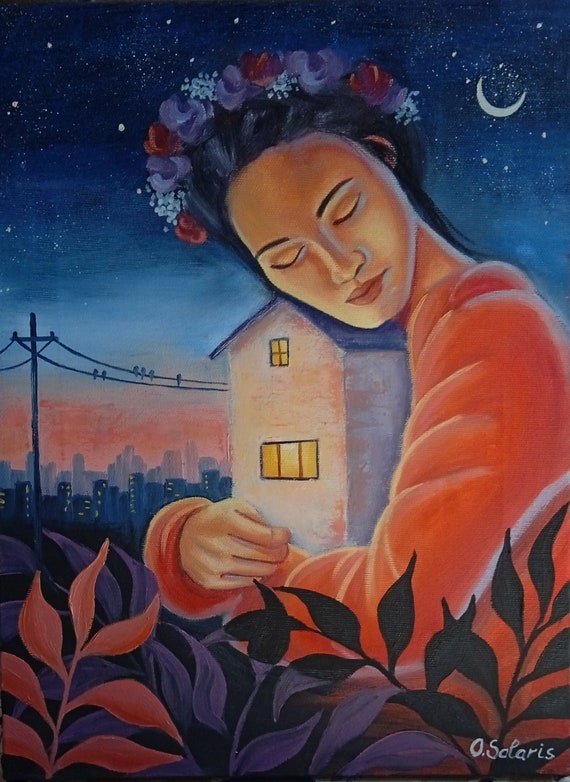Original Oil Painting of Woman Embracing House, Symbolic Emotional Artwork for home