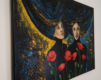 Original oil painting women with flowers, floral female portrait art, colorful wall decor, poppies artwork