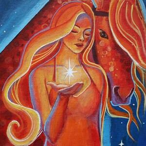 May include: An original painting of a woman with long, flowing orange hair, holding a glowing star. A horse's head is beside her. The background is a gradient of blue and red with stars and a crescent moon. The artist's signature is in the bottom right corner.