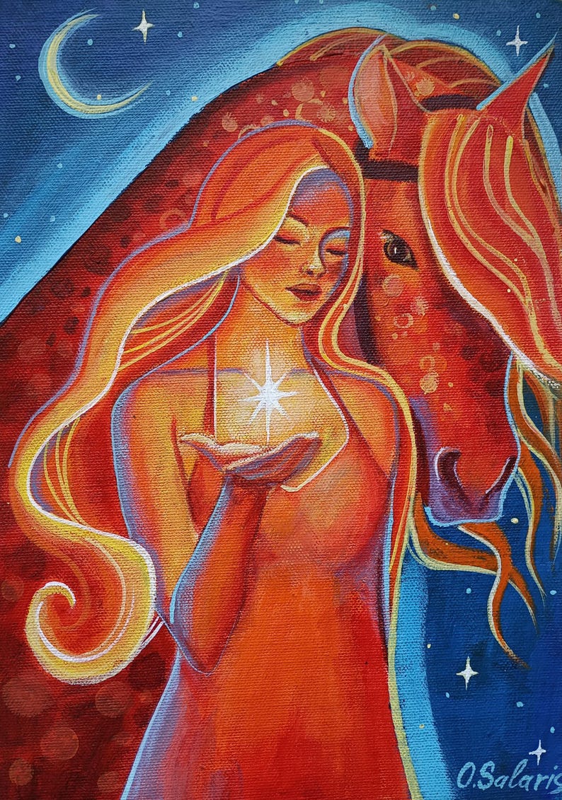 May include: An original painting of a woman with long, flowing orange hair, holding a glowing star. A horse's head is beside her. The background is a gradient of blue and red with stars and a crescent moon. The artist's signature is in the bottom right corner.
