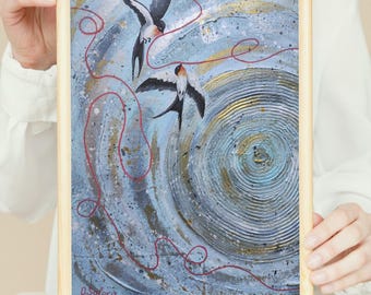 Red String of Fate Art Print A4, A5 Sizes, Romantic Poster with Swallows Based on Original Painting