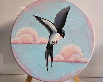 Schwalbe am Himmel Original Acrylgemälde auf kleiner runder Leinwand, Vögel Original Wanddekoration, einzigartige Kunst für Zuhause