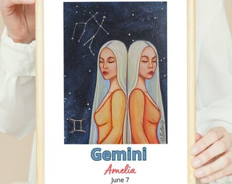 Personalised Gemini Zodiac Poster with Custom Names and Birth Date on High Quality 250gsm paper, Astrology Art Decor