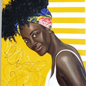 May include: A portrait painting on canvas featuring a person with dark skin and voluminous black hair wearing a yellow floral headwrap and a white tank top. The background consists of yellow and white horizontal stripes and white scribbles.