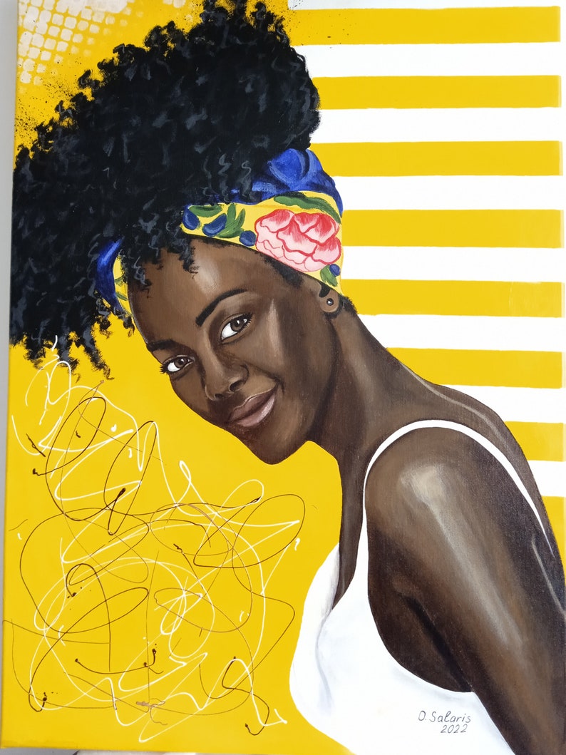 May include: A portrait painting on canvas featuring a person with dark skin and voluminous black hair wearing a yellow floral headwrap and a white tank top. The background consists of yellow and white horizontal stripes and white scribbles.