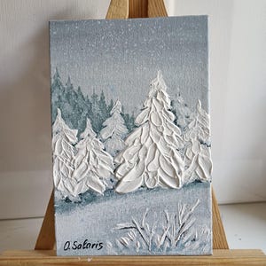 Paysage de scène d'hiver Mini toile Peinture acrylique originale, peinture d'arbres couverts de neige, peinture de forêt de neige, peinture de Noël, cadeau