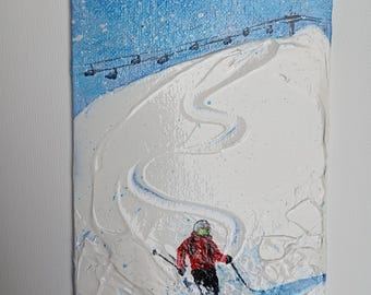 Skier Original acrylic painting on mini canvas, winter scene art for shelf, Alps snow mountain art on panel 10x15 cm