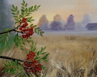 Original oil painting of wheat field and rovan berries, hand painted landscape on panel 20x20 cm
