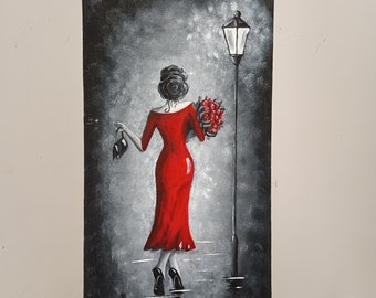 Woman with roses original acrylic painting, figurative painting, woman painting, woman portrait, painting on hardboard, one of kind painting