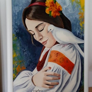Woman with dove original oil painting on panel 30x40cm, Ukrainian woman art, female portrait, figurative painting