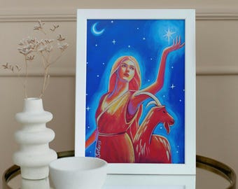Impressão da Cabra de Fogo Vermelha baseada em pintura original, Arte de Parede do Zodíaco Chinês de 2027, Pôster do Ano da Cabra A4 A5