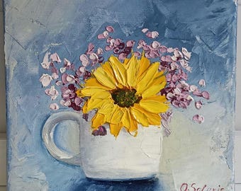 Sunflower Original oil painting on canvas 20x20 cm, floral still life hand painted art, 3D flowers textured wall decor