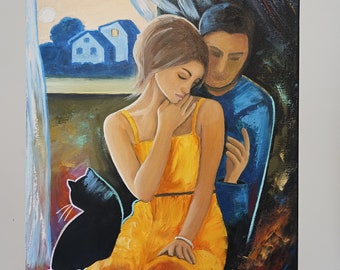 Original oil painting of beautiful couple in love, expressionist painting, romantic painting, family love art
