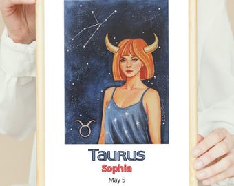 Poster personalizzato del segno zodiacale del Toro con nomi e data di nascita a scelta, stampato su carta di alta qualità da 250 g/m². Decorazione artistica astrologica.