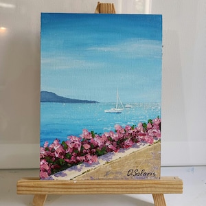 Mini toile Peinture acrylique originale de paysage marin, peinture de nature estivale, peinture de côte italienne, art de scène côtière, peinture pour étagère, cadeau