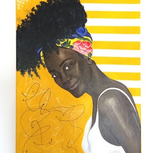 Original acrylic portrait painting of a smiling Black woman against a bright yellow background on a 50x70 cm canvas.