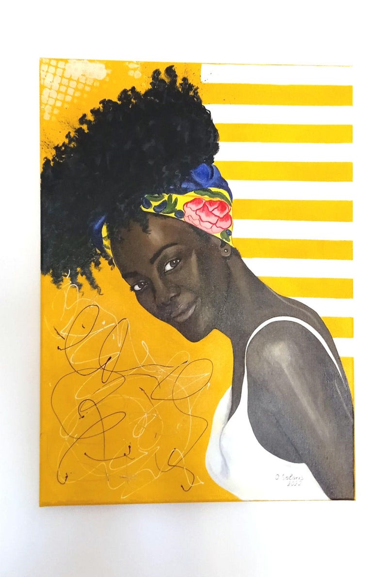 Original acrylic portrait painting of a smiling Black woman against a bright yellow background on a 50x70 cm canvas.