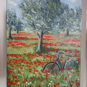 Poppies fields original oil painting, landscape oil painting on canvas, nature painting, one of a kind art, fine art for home, handmade art
