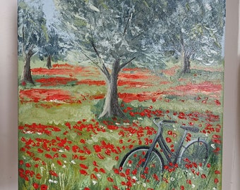 Poppies fields original oil painting, landscape oil painting on canvas, nature painting, one of a kind art, fine art for home, handmade art