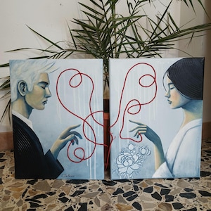 Conjunto de dos lienzos "El Hilo Rojo del Destino", pintura acrílica original de una pareja unida por el destino.