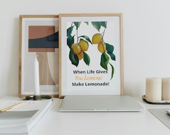 Lemons Poster with Motivational Quote A5, A5 sizes, Botanical Decor for Kitchen, Lemonade Typography Print