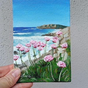 Mini toile peinture acrylique originale paysage marin, peinture d'été, peinture de côte maritime, peinture pour étagère, art peint à la main, décoration de bureau, cadeau