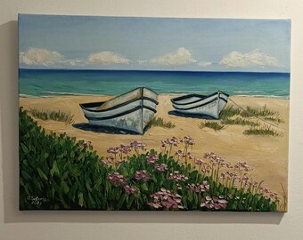 Boats on the shore original oil painting on large canvas, Mediterranean seascape wall decor, textured coastal art