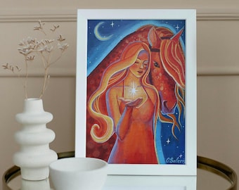 Kunstdruck „Frau mit Stern“ nach einem Originalgemälde, Poster mit Frau und Pferd auf hochwertigem 250-g/m²-Papier