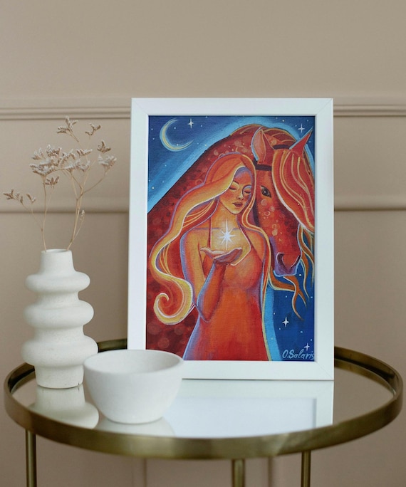 Fire Horse Art Print based on original painting, Fantasy Poster with Woman and Fairy Horse on High Quality 250gsm paper