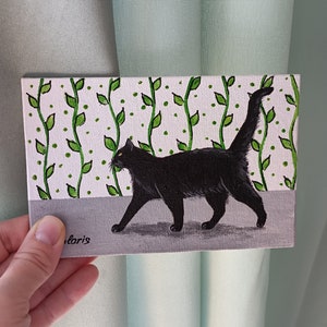 Peinture acrylique originale de chat noir marchant, art de chat noir, peinture d'animaux de compagnie, peinture d'animaux, mini peinture sur toile pour étagère, cadeau