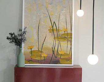 Original Oil Painting of Waterlilies on Large Panel, Yellow Water Flowers Artwork for Home
