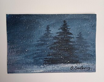Snowy Winter original acrylic painting on Mini canvas, snowfall night art, Christmas illustration