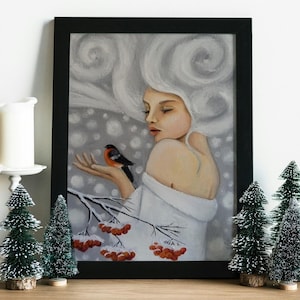 Queen of Winter - Original oil painting on canvas, Winter Girl with Bird, Snowy Wall Art, Cozy Home decor, Christmas gifts idea