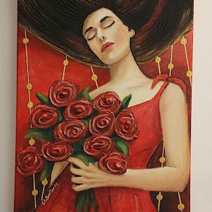Elegant woman with roses original acrylic painting on canvas, woman with flowers artwork, female portrait